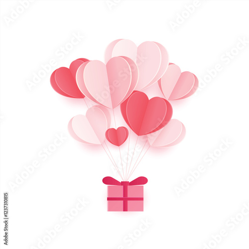 love and valentine's day illustration with heart balloons and gifts. Red, pink and white flying hearts isolated on white background.