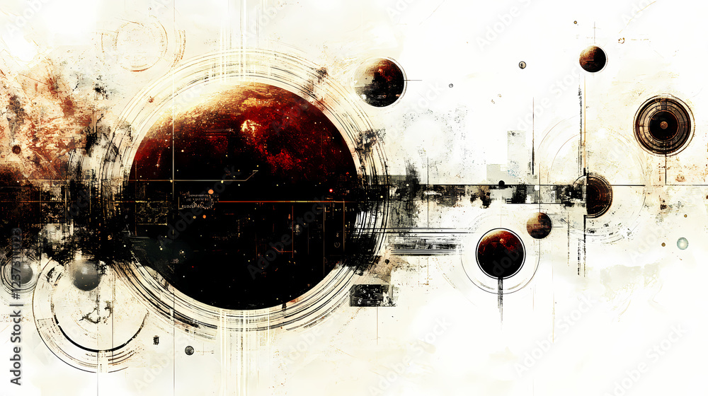 Obraz premium A celestial body with circles on a white backdrop is a vintage grunge punk cropped space assemblage piece for multimedia layouts. Solar Punk. Illustration