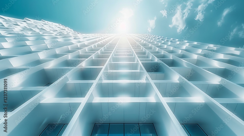 Obraz premium Abstract perspective of a white grid building with a blue sky and clouds. AI generative. .