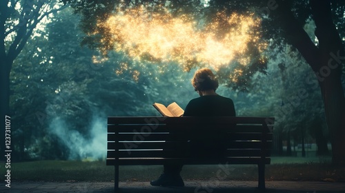 Person Reading a Book on a Park Bench, Abstract Glowing Thoughts Floating Above Their Head photo