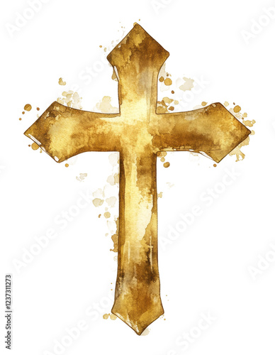Gold cross with watercolor splashes in background isolated on transparent background