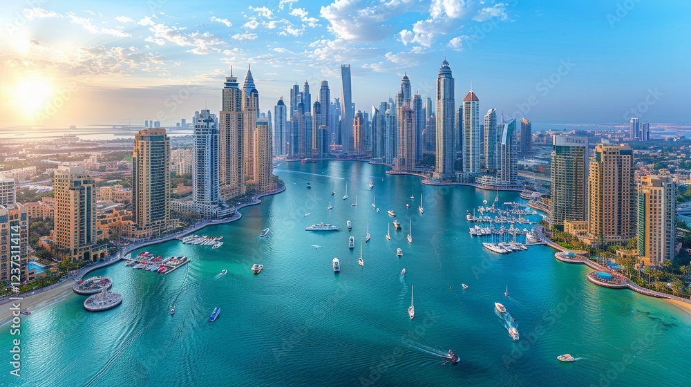 Fototapeta premium Aerial view of Dubai skyline with skyscrapers and yachts in the water. AI generative. .