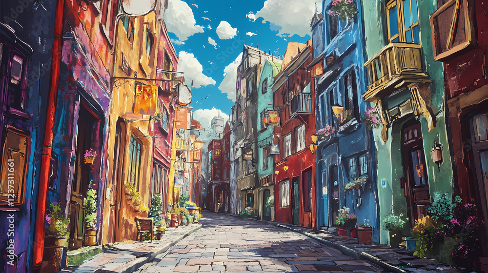 Fototapeta premium Fantasy city street view. Solar Punk. Illustration