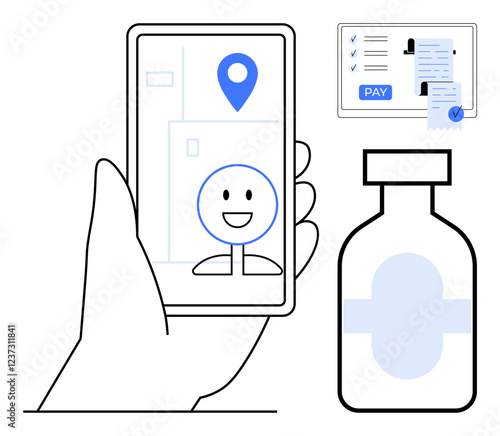 Hand holding smartphone with map app, happy face on screen, vaccine vial, and receipt with payment details. Ideal for telehealth, e-prescription, contactless payment, support, digital healthcare