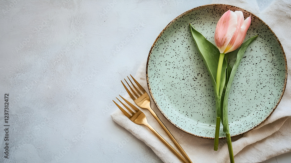 Obraz premium A pastel green plate adorned with a single tulip, accompanied by gold forks on a neutral background.