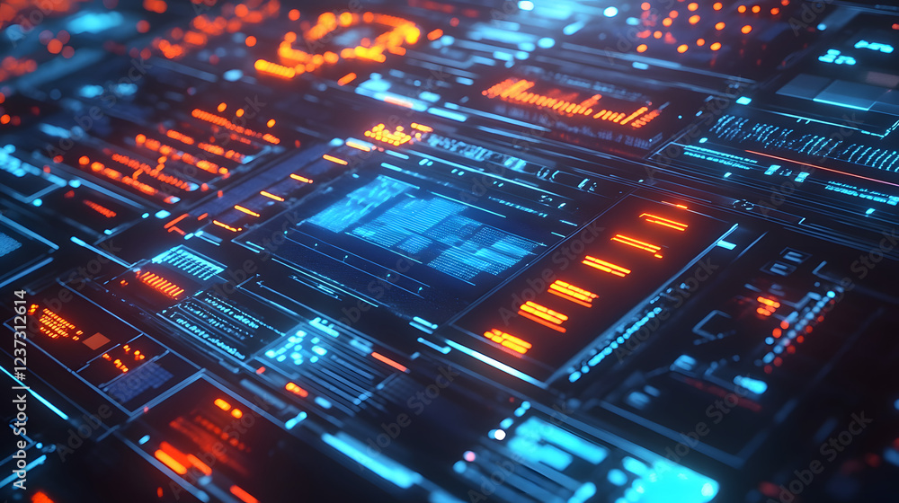 Obraz premium Futuristic solar panels featuring a detailed holographic visualization of energy production, with emphasis on eco-friendly solutions and energy independence.