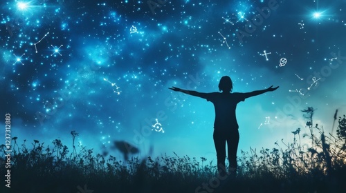 Wallpaper Mural Silhouette of Person Reaching for Starry Sky with Zodiac Symbols Torontodigital.ca