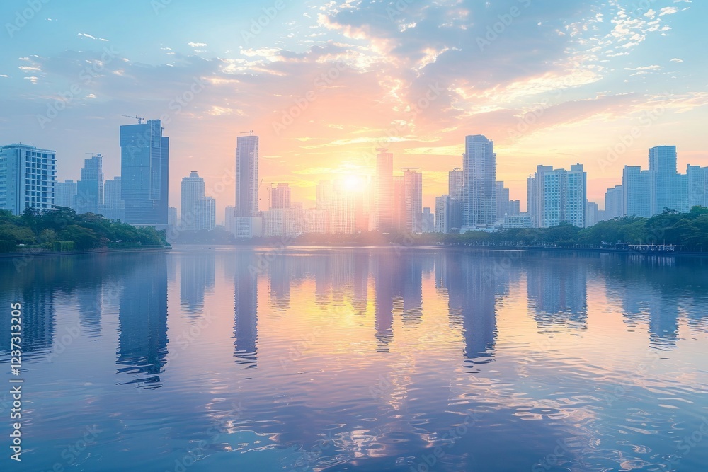 Fototapeta premium Silhouettes of skyscrapers reflected in the water at sunset. AI generative. .