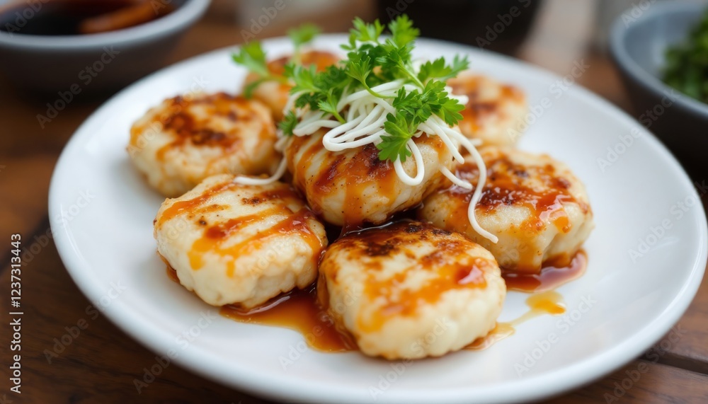 Traditional Takoyaki Japanese Street Snack Served on a White Plate Traditional Takoyaki Japanese Street Snack Served on a White Plate