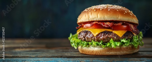 Juicy bacon cheeseburger on rustic wood. (3)