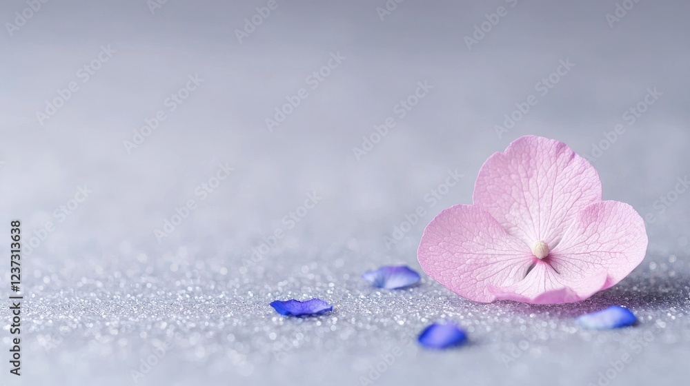 Pink hydrangea petal on glitter, grey background, serenity, spa Pink hydrangea petal on glitter, grey background, serenity, spa