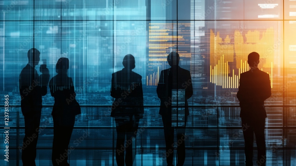 Silhouetted Business Professionals Observing Data Trends in Office Silhouetted Business Professionals Observing Data Trends in Office