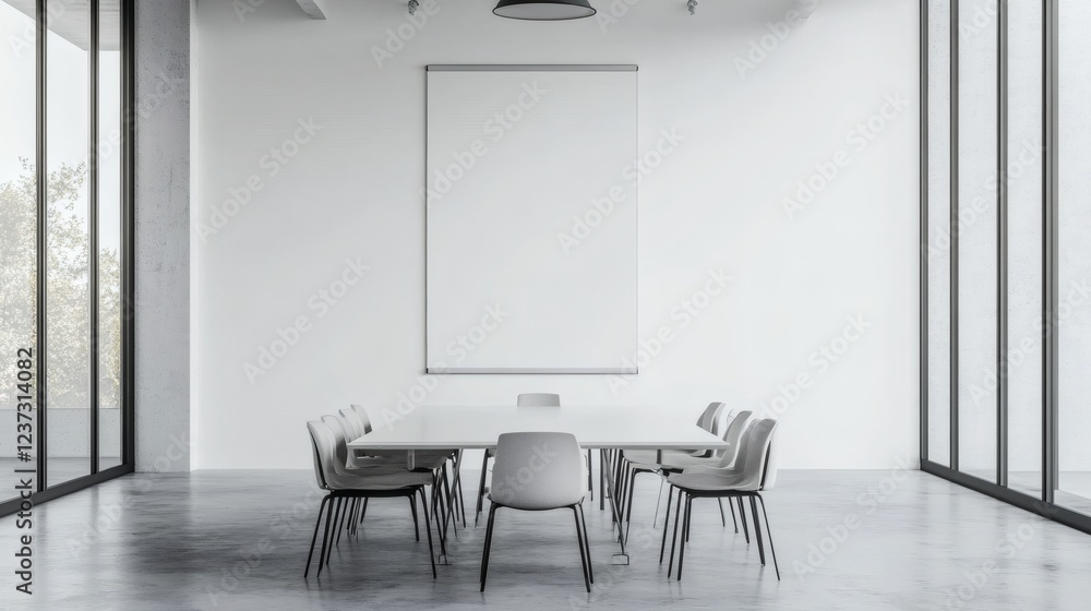 Fototapeta premium Minimalist Conference Room with Empty Table and Chairs in Natural Light