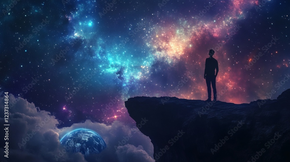 Fototapeta premium Stunning Galactic View with Silhouette of Person on Cliff Edge