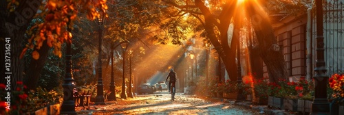 A cyclist rides through an autumnal street, bathed in golden sunlight streaming through the trees. AI generative. . photo