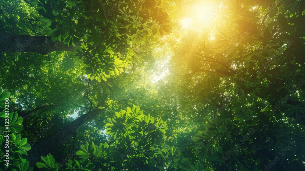 Fototapeta premium Sunlight shines through lush green leaves in a forest canopy. AI generative. .