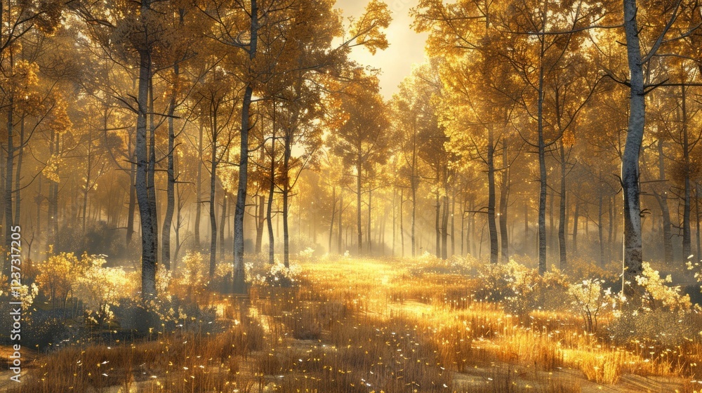 Obraz premium Golden light filters through tall trees in a misty forest. AI generative. .