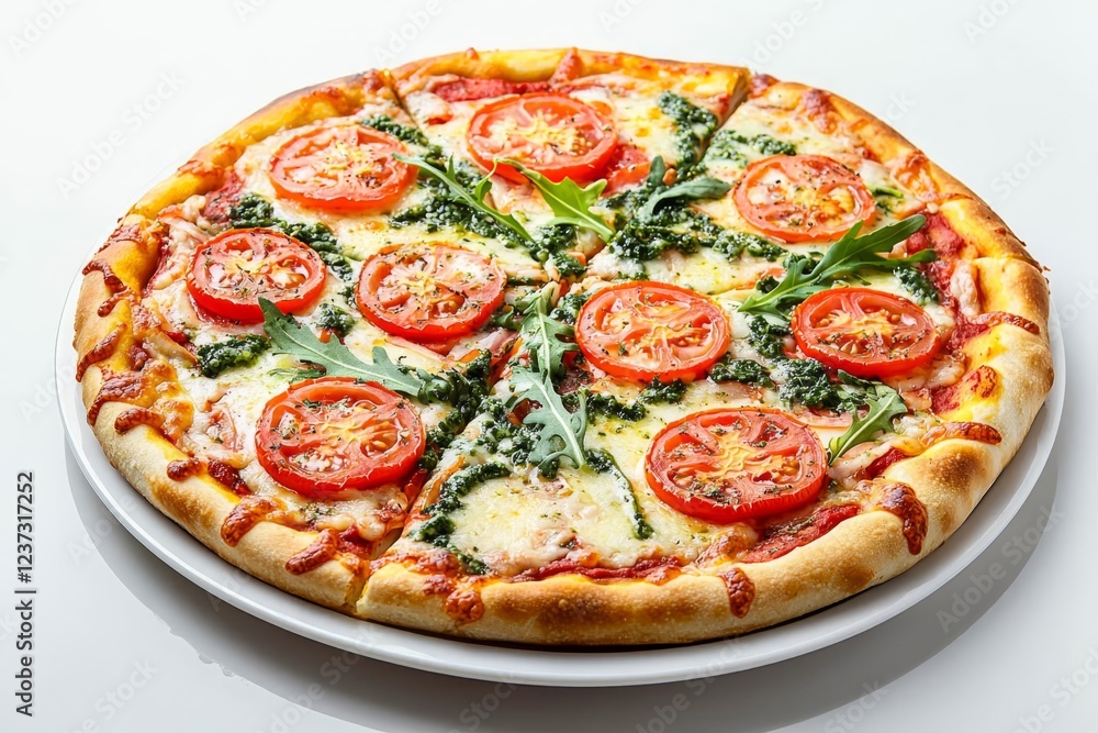 Delicious pizza with tomatoes and arugula on light blue background. Delicious pizza with tomatoes and arugula on light blue background.