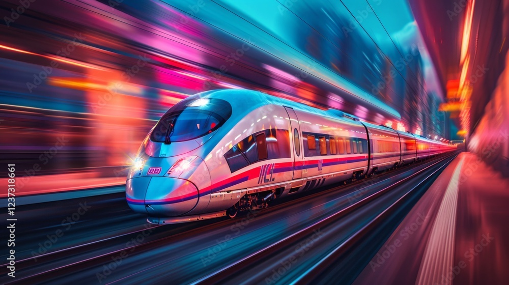 Fototapeta premium High speed train in a colorful neon tunnel with motion blur. AI generative. .