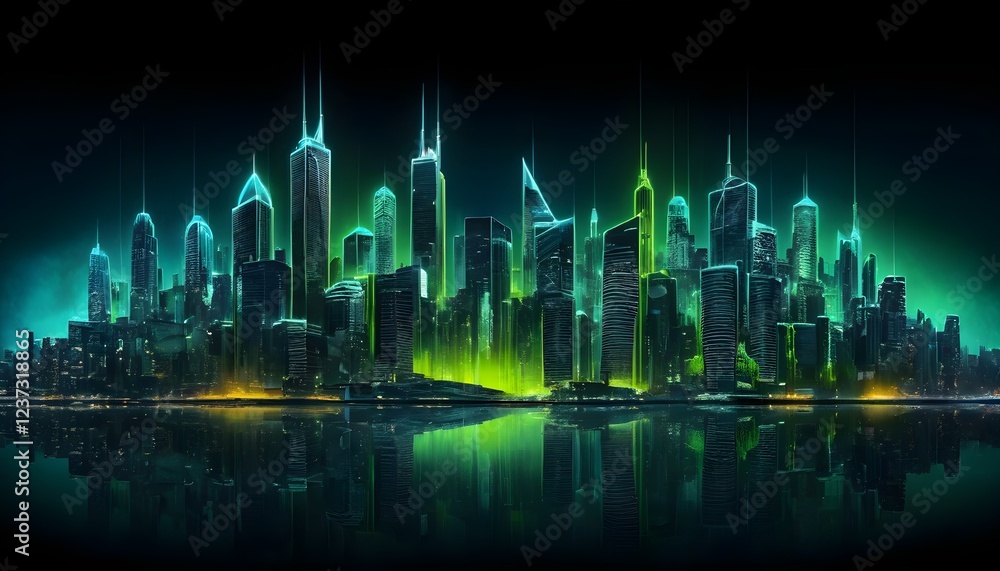 Fototapeta premium Futuristic Green Cityscape with Light Beams