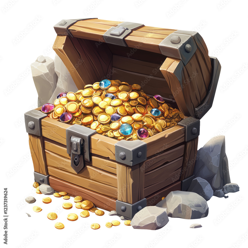 Overflowing Treasure Chest with Gold Coins and Jewels on Background Overflowing Treasure Chest with Gold Coins and Jewels on Background