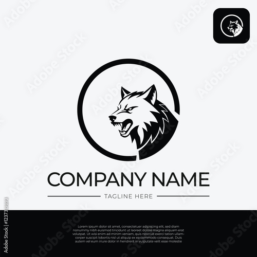 Roaring wolf logo template design with circles and black and white colors