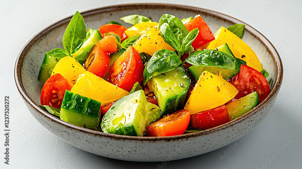 Chopped salad with cucumber, tomatoes, bell peppers, and avocado, drizzled with lemon vinaigrette, soft light in food photography
Chopped salad with cucumber, tomatoes, bell peppers, and avocado, drizzled with lemon vinaigrette, soft light in food photography