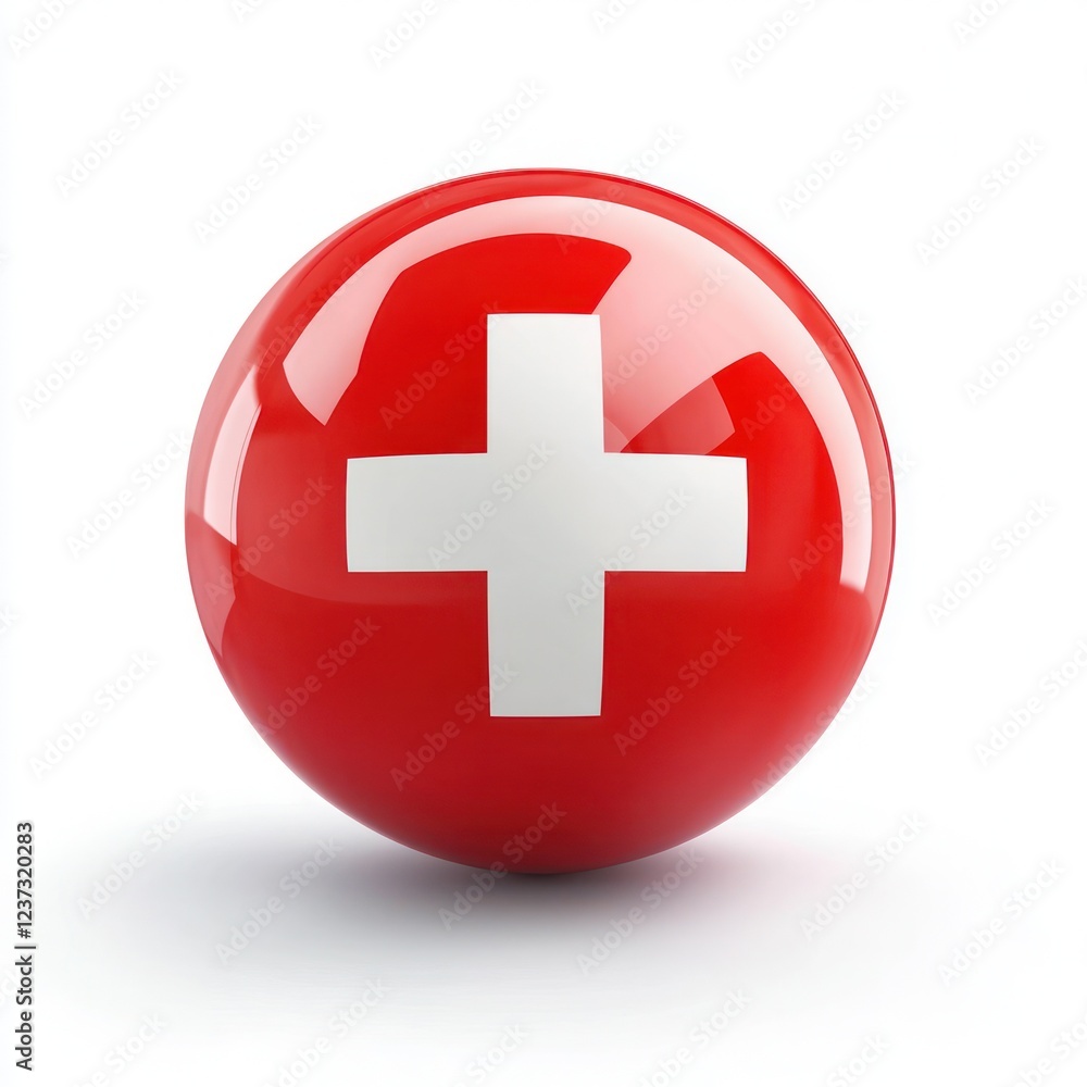 A glossy red ball featuring the Swiss flag, perfect for travel, Switzerland-related, or international-themed projects Isolated on white background A glossy red ball featuring the Swiss flag, perfect for travel, Switzerland-related, or international-themed projects Isolated on white background