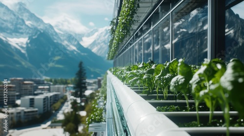 Close-up of leafy greens growing in a hydroponic system in an urban farm photo