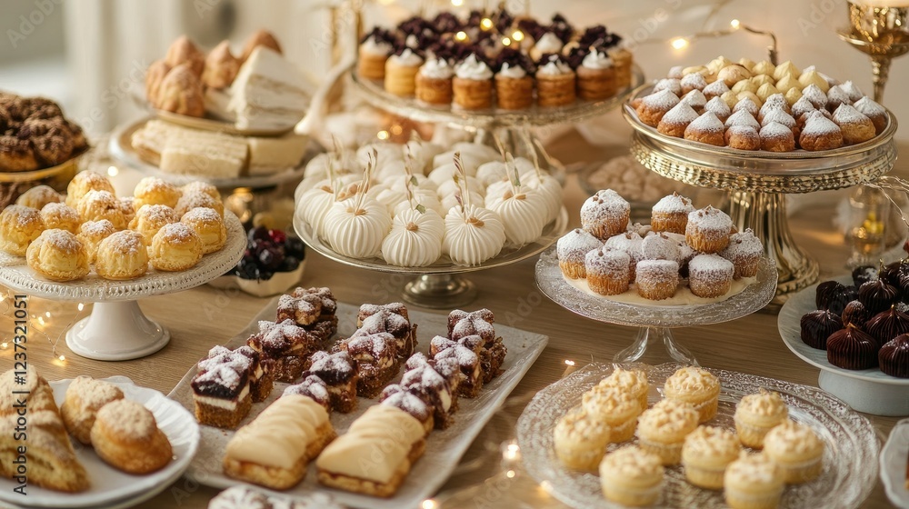 A delightful assortment of pastries and sweets, elegantly displayed on a table, creating a visually appealing and tempting dessert spread. A delightful assortment of pastries and sweets, elegantly displayed on a table, creating a visually appealing and tempting dessert spread.