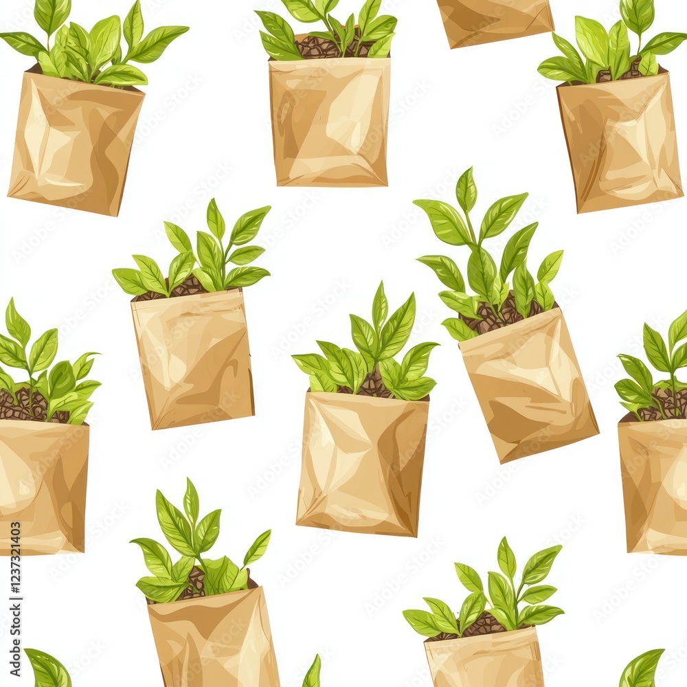 A seamless pattern featuring paper bags filled with tea leaves, ideal for tea-related backgrounds, packaging, or textile designs Isolated on white background A seamless pattern featuring paper bags filled with tea leaves, ideal for tea-related backgrounds, packaging, or textile designs Isolated on white background