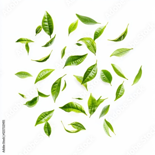 Green tea leaves falling, white background, food, beverage (3) photo