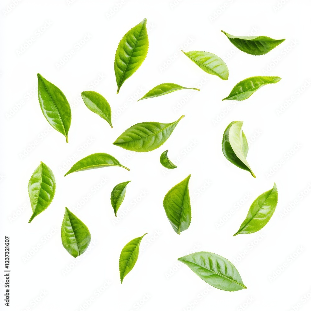 Falling tea leaves, white background, studio shot, beverage packaging Falling tea leaves, white background, studio shot, beverage packaging