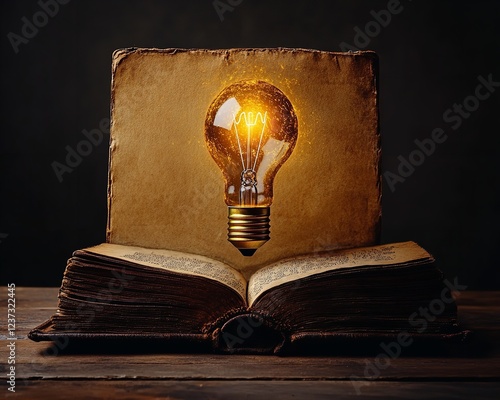 Vintage Book with Golden Pages Revealing a Glowing Lightbulb, Symbolizing Knowledge photo