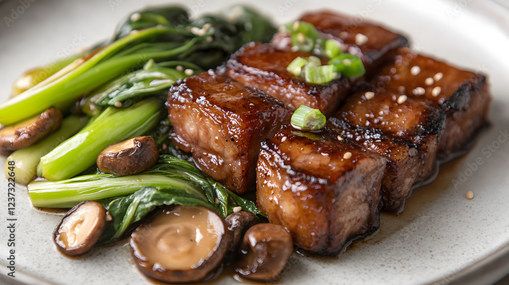 Ginger soy glazed pork belly served with stir-fried bok choy and mushrooms. Ginger soy glazed pork belly served with stir-fried bok choy and mushrooms.