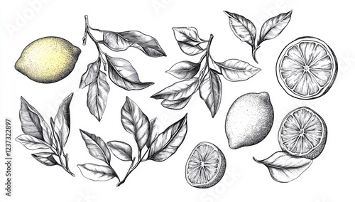 Hand-drawn lemon illustrations whole lemons, slices, and leaves.