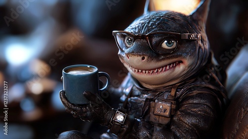 Anthropomorphic Shark in Costume Enjoying Coffee
