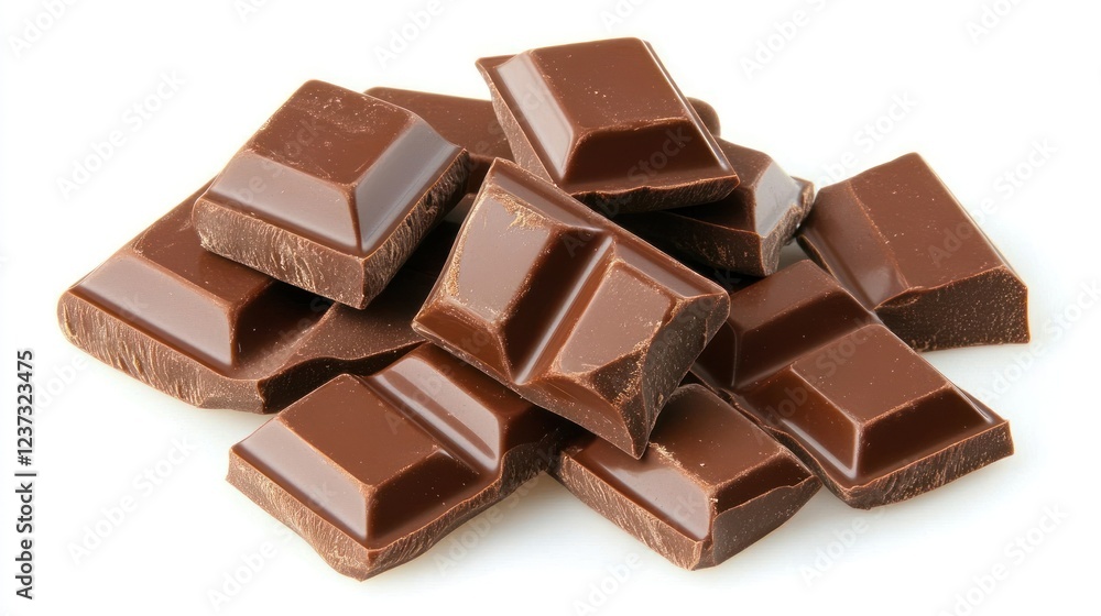 A pile of chocolate squares on a white background. A pile of chocolate squares on a white background.