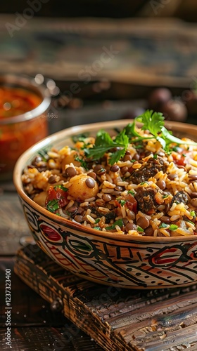 Egyptian Koshary images, Traditional Egyptian food, Delicious Koshary or Kushari. AI generated illustration