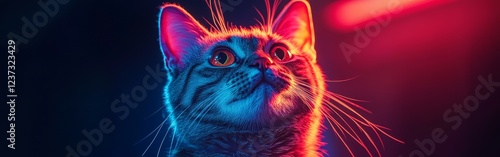 A colorful neon-lit cat portrait with futuristic lighting, ideal for modern art, pet lovers, and digital-themed projects.