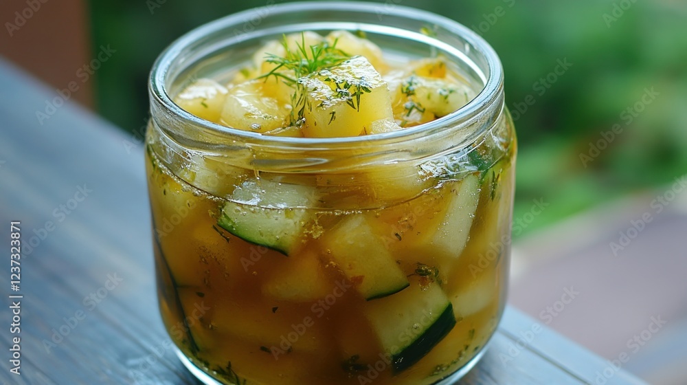 Close-up of Pickled Cucumber and Pineapple Relish in a Glass Jar Close-up of Pickled Cucumber and Pineapple Relish in a Glass Jar