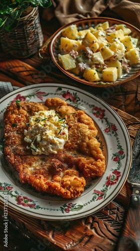 Breaded wiener schnitzel with potato fries and sauce on wooden table. Close up vuew. AI generated illustration