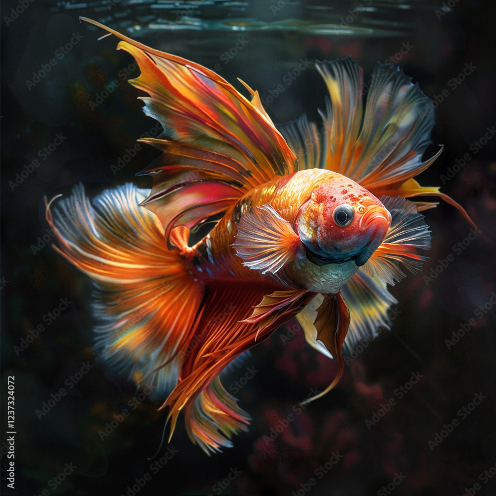 Fototapeta premium Graceful goldfish with colorful fins in dark aquatic background 