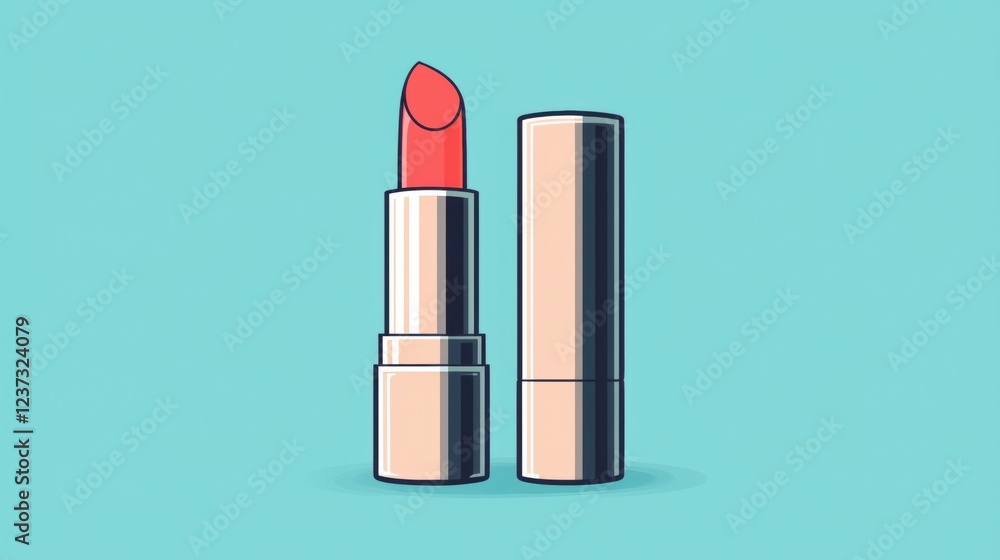 Obraz premium A vibrant orange lipstick in a sleek silver tube against a teal background, showcasing beauty and style.