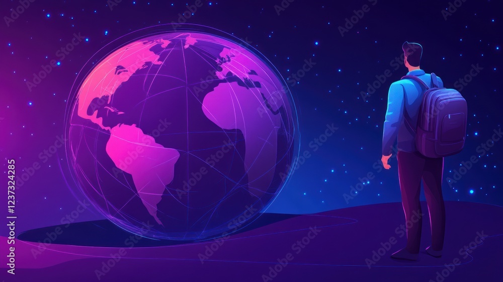 Obraz premium A person gazes at a glowing globe in space.