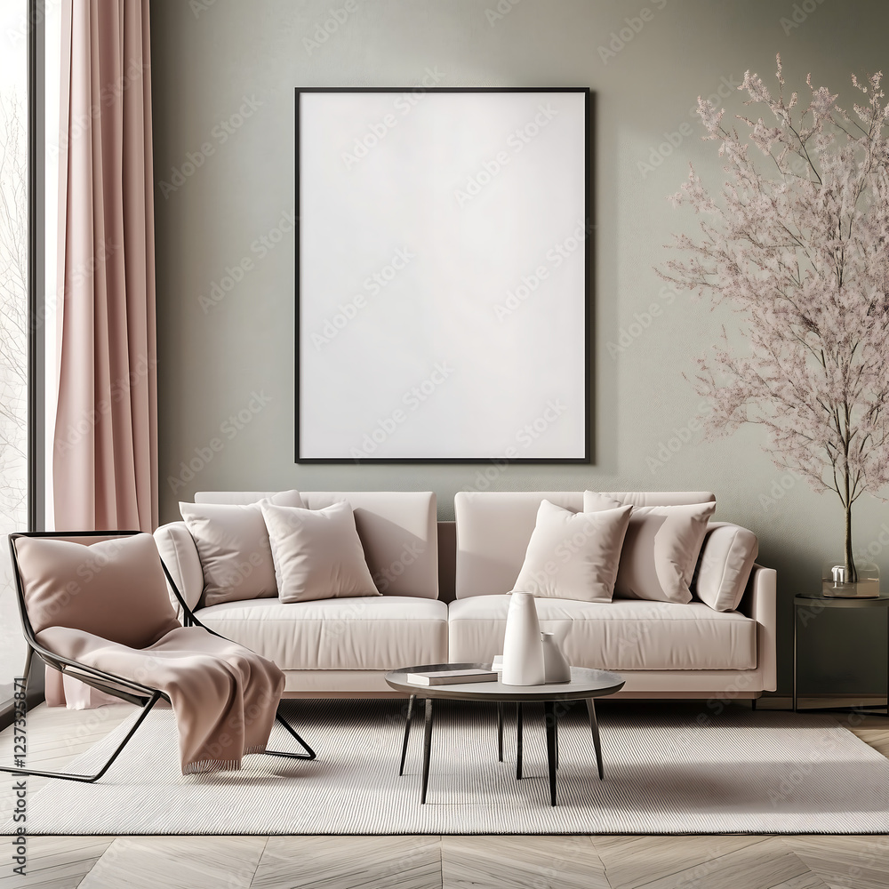 Mock-up empty poster frame in stylish pastel living room with soft decor and modern furniture design Mock-up empty poster frame in stylish pastel living room with soft decor and modern furniture design