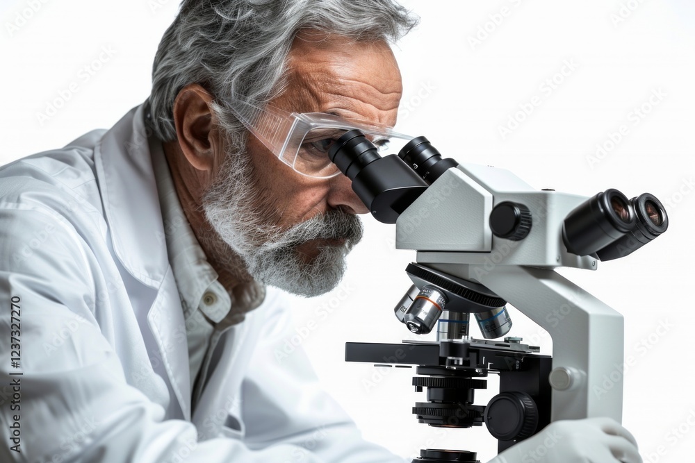 Close-up of a scientist looking through a microscope. AI generative. . Close-up of a scientist looking through a microscope. AI generative. .