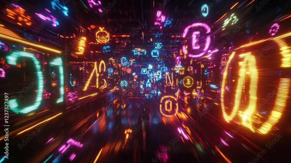 Obraz premium Bright neon symbols and numbers racing through a dark digital tunnel, illustrating the rapid flow of information in todays technological landscape