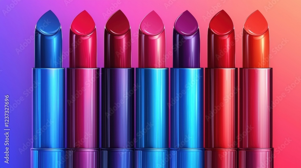 A vibrant array of lipsticks in various shades lined up against a colorful gradient background, showcasing beauty and style. A vibrant array of lipsticks in various shades lined up against a colorful gradient background, showcasing beauty and style.