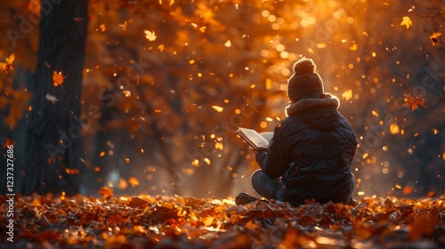 Person sitting in autumn leaves reading a book, falling leaves in the air. AI generative. .